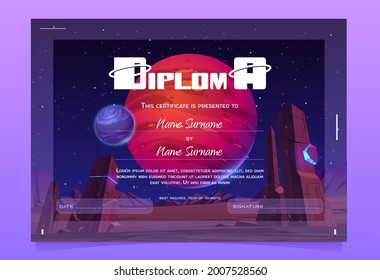 Kids diploma with alien planet surface, cartoon certificate template with space landscape. Educational school award or graduation frame with fantasy world, galaxy spheres in starry sky, Vector design