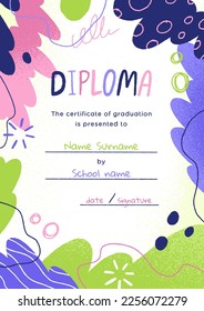 Kids diploma background design. Childish graduation certificate template. Kindergarten, preschool and elementary school graduating document, vertical card. Colored childrens flat vector illustration