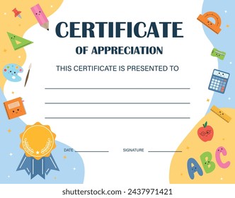 Kids Diploma background template, certificate of appreciation. Certificate of achievement in competition. For kids, children in school, preschool, playschool, kindergarten, primary grade, summer camp.