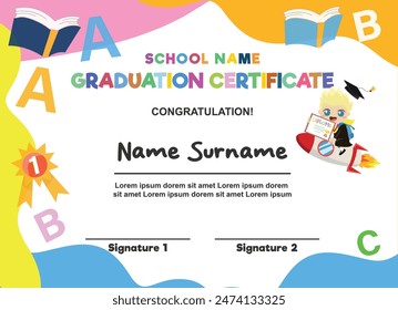Kids Diploma background template, certificate of appreciation. Certificate of achievement in competition. Children in school, playschool, kindergarten, primary grade, summer camp. 