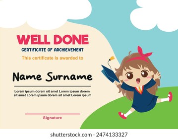 Kids Diploma background template, certificate of appreciation. Certificate of achievement in competition. Children in school, playschool, kindergarten, primary grade, summer camp. 