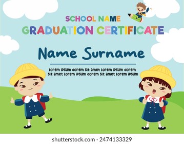 Kids Diploma background template, certificate of appreciation. Certificate of achievement in competition. Children in school, playschool, kindergarten, primary grade, summer camp. 