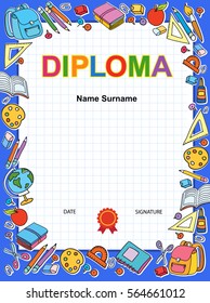 Kids Diploma blue certificate background design template tools vector illustration