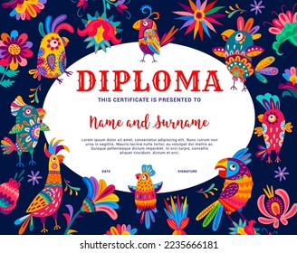 Kids diploma, bright Brazilian and Mexican parrot birds, vector education certificate award. School or kindergarten appreciation diploma frame with colorful tropical parrot birds and flowers