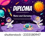 Kids diploma, cartoon astronauts and alien on planet surface, vector certificate template. School or kindergarten award certificate diploma with kid spaceman and alien in space planet with rockets