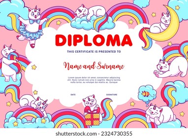 Kids diploma, cartoon caticorn cats on rainbow and clouds, vector education certificate. Cute cat unicorn or caticorn kitten characters playing on school or kindergarten workshop diploma background svg