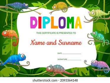 Kids diploma cartoon chameleon lizards in jungle. Education vector award frame template for school or kindergarten graduation. Personal certificate with funny tropical animals on palm tree branches