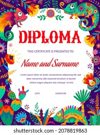 Kids diploma with cartoon chameleons, mexican cactuses and floral elements. Education certificate for school or kindergarten award with mexican alebrije chameleons, flowers and palm leaves