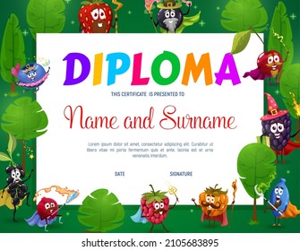 Kids diploma with cartoon cheerful berry wizards, magicians, warlocks, witches and sorcerers in forest vector frame. Kindergarten or school certificate, education award with fairy fruit personages