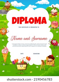 Diploma infantil. Postres de dibujos animados, dulces, personajes de pasteles galletas en la pradera. Invitación a la celebración de los niños, certificado vectorial del ganador de la competición, diploma de educación con pastelería divertida