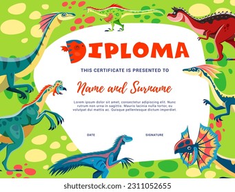 Diploma infantil. Caracteres de los dinosaurios caricaturizados, certificado vectorial de educación infantil. Diploma de graduación, certificado o premio ganador con marco de antecedentes de therizinosaurus, raptor, oviraptor dinos