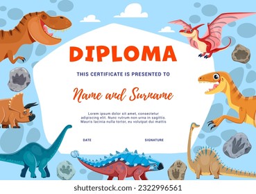 Kids diploma, cartoon dinosaur characters and fossil stone footprints. Paleontology education school or kindergarten certificate. Vector award frame template with funny prehistoric dino animals