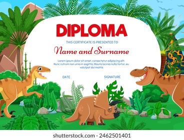 Kids diploma, cartoon dinosaurs in tropical jungle forest. Children vector award certificate with bright, playful T-Rex, smiling triceratops, tropical foliage, palm trees, ferns and volcanic landscape