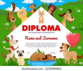 Kids diploma cartoon dogs and puppies. Adopt a dog vector certificate with cute funny pets playing on green field. School award frame, invitation or animal shelter appreciation letter template design