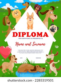 Kids diploma cartoon dogs and puppies. Adopt a dog vector animal shelter certificate with cute funny pets playing on green field. School award frame, invitation or appreciation letter for children