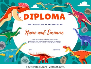 Diploma infantil. Caricatura divertidos personajes de dinosaurios y huellas de piedras fósiles. Plantilla vectorial de Diploma con Monolophosaurus, Dubreuillosaurus, Wannanosaurus y Barapasaurus, Kentrosaurus lindo personage