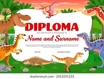 Diploma infantil con dibujos animados personajes divertidos de reptil dinosaurio, certificado de educación de Vector. Dino Jurásico Lindo con dinosaurio T-rex y pterodáctilo para el diploma de taller de jardín de infantes o premio de certificado