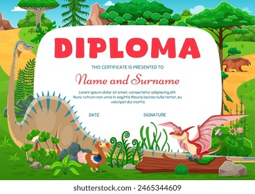 Kinder Diplom, Cartoon lustige Dinosaurier. Farbenfrohe Kinderzertifikat-Vorlage mit verspielten Dino-Figuren in prähistorischer Landschaft, Vektorgrafik-Award-Rahmen zur Feier von Bildungserfolg-Meilensteinen