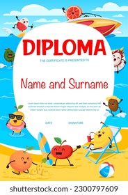 Kids diploma, cartoon funny fruits on summer beach. Education school or kindergarten certificate, vector award frame template with lychee, grapefruit, feijoa and dragon fruit. Kiwi, quince, mango