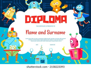 Kids diploma. Cartoon funny robots. Education achievement celebration invitation vector template or kids diploma, children competition winner certificate with cute alien droids, retro robots or cyborg