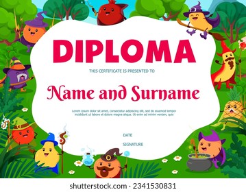 Kids diploma with cartoon Halloween fruit wizards and mages. Education school certificate vector template with funny peach, banana, pineapple and garnet, orange with quince, apple, plum and mango wizs