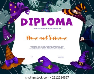 Kids diploma. Cartoon Halloween ghosts and witch hats in cobweb. Children education creepy diploma, Halloween holiday kids vector certificate, child achievement or school graduation award template