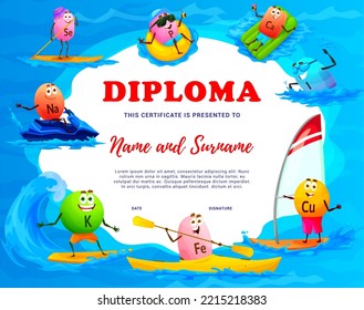 Kids diploma cartoon micronutrient and mineral characters on summer vacation. Vector certificate with funny elements Cu, Fe, Ca, Na, Se, P, K, I water sport recreation, kayaking, sailing, sup board