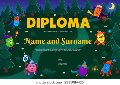 Kids diploma cartoon mineral and micronutrient wizards. Vector award frame template. Educational school or kindergarten certificate with Cu, Zn, Na, Se, Mg, Mn and P capsules in Halloween forest