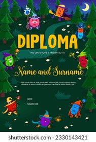 Kids diploma, cartoon mineral and micronutrient wizards. Education school or kindergarten vector certificate with Ca, Zn, NA and Se, Cu or Cl, Mg and P micronutrient capsules in night Halloween forest