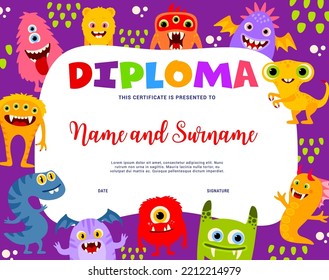 Kids Diploma Cartoon Monster Characters. Vector Student Achievement Document, Education School, Preschool Or Kindergarten Certificate With Cartoon Funny Aliens Or Animals, Winner Appreciation Border