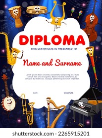 Kids diploma with cartoon musical instrument characters. Educational music school vector certificate with cute grand piano, saxophone and jembe drum. Double bass, banjo, harp, horn and maracas