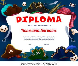 Diploma infantil caricatura de sombreros piratas y tricornio, sabers y cráneos. Certificado vectorial con gorra de corsair coqueta, bandana, pañuelo para la cabeza. Diploma de ganador de un concurso de educación infantil o graduación