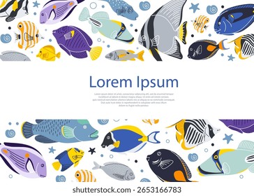 Crianças diploma com desenho animado vermelho mar peixe vetor quadro. Certificado de graduação infantil para jardim de infância, escola, prêmio e apreciação. Modelo de quadro bonito com palhaço e peixe anjo. 