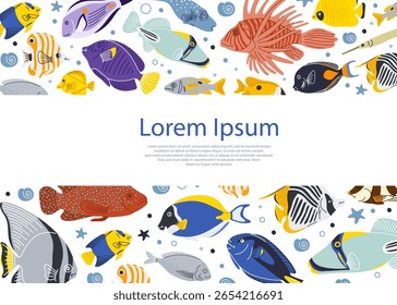 Kids diploma with cartoon red sea fish vector frame. Child graduation certificate for kindergarten, school, award and appreciation. Cute frame template with clown and angel fish. 