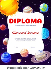 Kids diploma. Cartoon solar system and space planets. Child competition winner award or school children education graduation vector certificate or diploma with Sun, Earth, Saturn and Mars planets