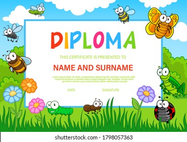 Kids diploma, cartoon vector insects bees, butterfly and ladybug, caterpillar, dragonfly, mosquito with ant and grasshopper on green field with flowers. Baby school, kindergarten certificate template