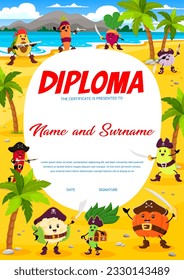 Kids diploma, cartoon vegetable pirate or corsair characters on treasure island. Vector certificate with avocado, carrot, radish and garlic. Squash, pumpkin, soy bean and cauliflower with chili pepper
