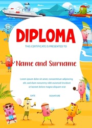 Kids Diploma. Cartoon Vitamin Characters On The Beach. School Diploma, Kids Education Vector Certificate With Cheerful A, B, C And D Vitamins Characters Windsurfing, Water Skiing, Kayaking And Diving