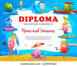 Diploma infantil caricatura sobre personajes de vitamina en las vacaciones de verano. Certificado vectorial con B1, P, U, A y N, B5 y B6, H y relajante en playa de mar. Marco de premios para los logros en el estilo de vida saludable