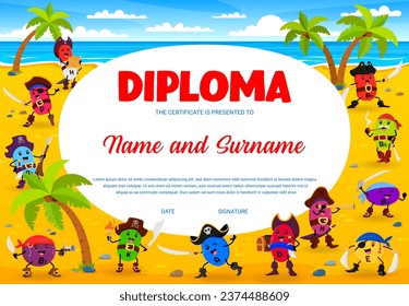 Diploma infantil con caricatura de vitamina y micronutrientes piratas o corsarios, certificado vectorial. Diploma de educación con bucaña divertida de potasio y filibusterismo de sodio o vitamina E