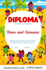 Diploma infantil. Caricatura vitamínica y micronutrientes piratas o personajes corsarios. Diploma de apreciación, certificado vectorial de graduación infantil con personajes divertidos piratas de dragas de vitamina en isla del tesoro