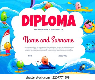 Kids diploma, cartoon vitamin and mineral characters on beach vacations, vector award certificate. School appreciation diploma with funny micronutrient pills, zinc on kitesurfing, iron on kayak