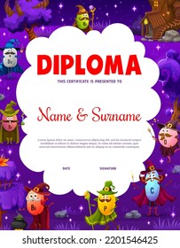 Kids diploma. Cartoon vitamin wizard, warlock, mage and witch characters. Child school graduation diploma or vector certificate with C, P, D and B vitamin, food supplement sorcerer funny personages