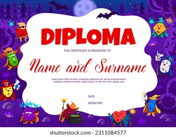 Kids diploma, cartoon vitamin wizards and sorcerers in Halloween forest. Education school or playschool certificate. Vector award frame template with B2, B12, B5, or U, D and P, K micronutrients