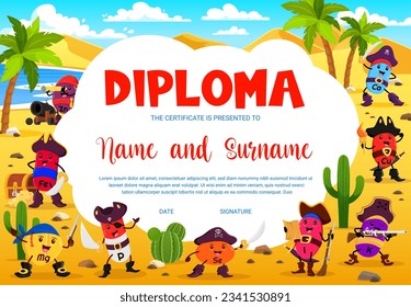 Kids diploma, cartoon vitamins and micronutrients pirate characters. Education school or kindergarten certificate vector template with P, Se, Ca or Zn, I and K. Mg, Fe, or Cu on island, award frame