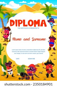 Kids diploma, cartoon vitamins and micronutrients pirate characters on treasure islands. Education vector certificate with I, P, Zn or Cu, Fe and Ca sea dog supplement personages, award frame template