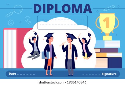 Kids diploma. Celebration student kid, kindergarten or preschool graduate. Education course certificate, cartoon child utter vector template