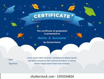 Kids Diploma Certificate In Abstract Style With Blue Background Template Layout Design. Lovely Graphic Coupon For Kids Graduation