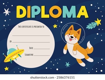 Kids diploma certificate with animals astronauts in open space with stars and planets. Template for achievement rewards. Vector cartoon illustration