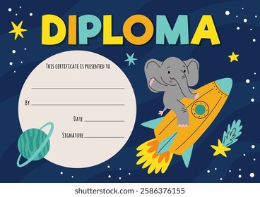 Kids diploma certificate with animals astronauts in open space with stars and planets. Template for achievement rewards. Vector cartoon illustration